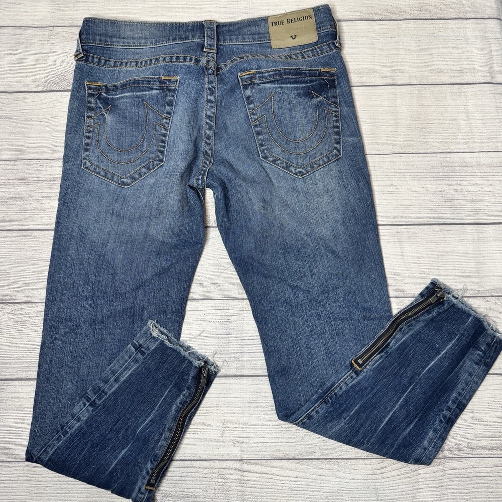 True Religion Frayed Finn Slim Tapered Zippered Ankles‎ Distressed Blue Jeans 31